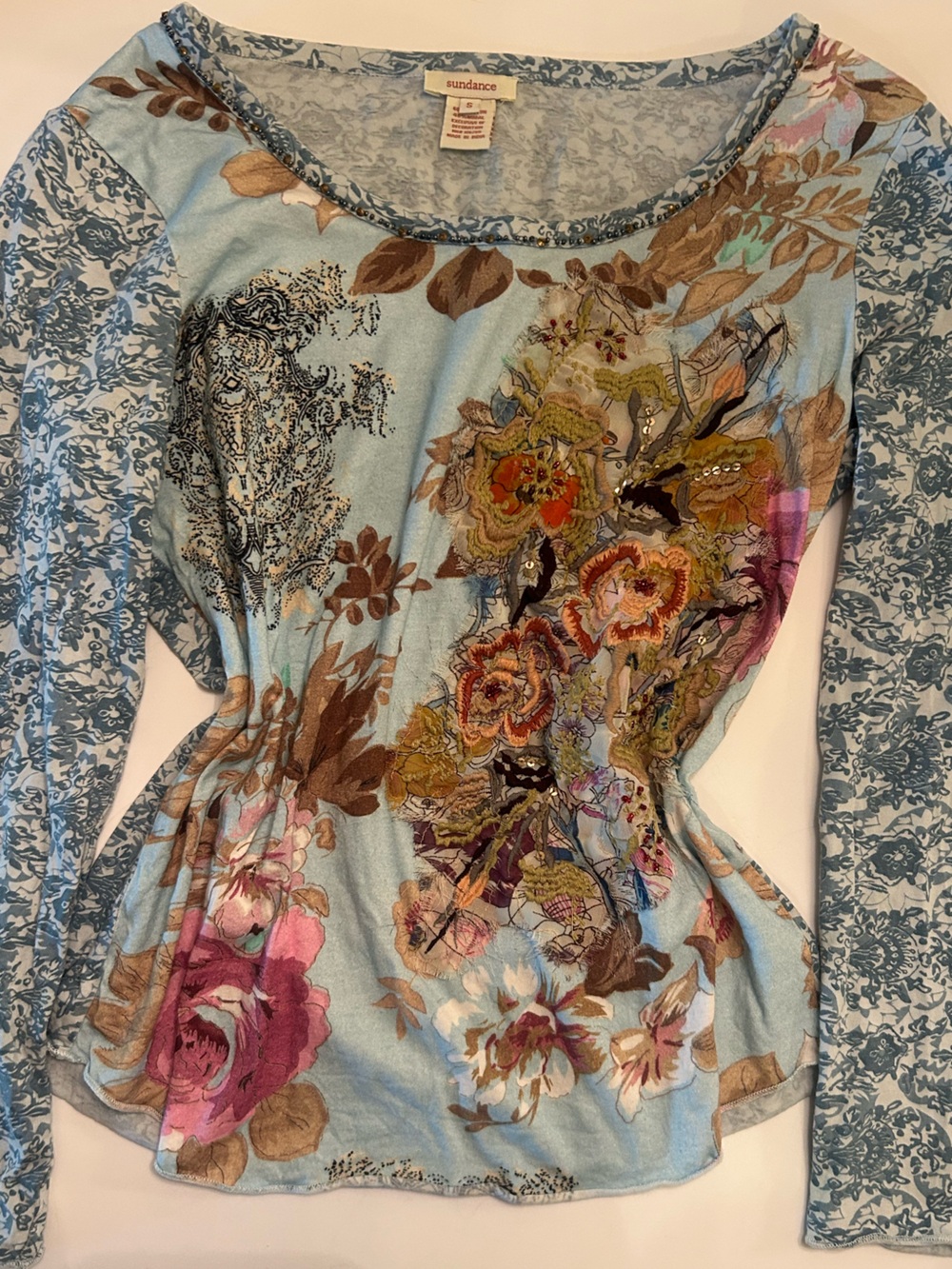 Sundance Light Blue Floral Drapery Panel with Multicolor Blooms